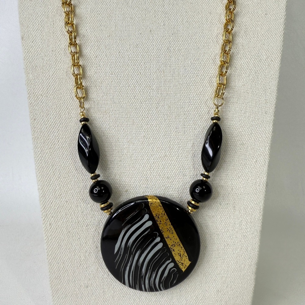 Vintage Gold Chain Necklace Black Beads Large Medallion Pendant Retro Chunky 80s